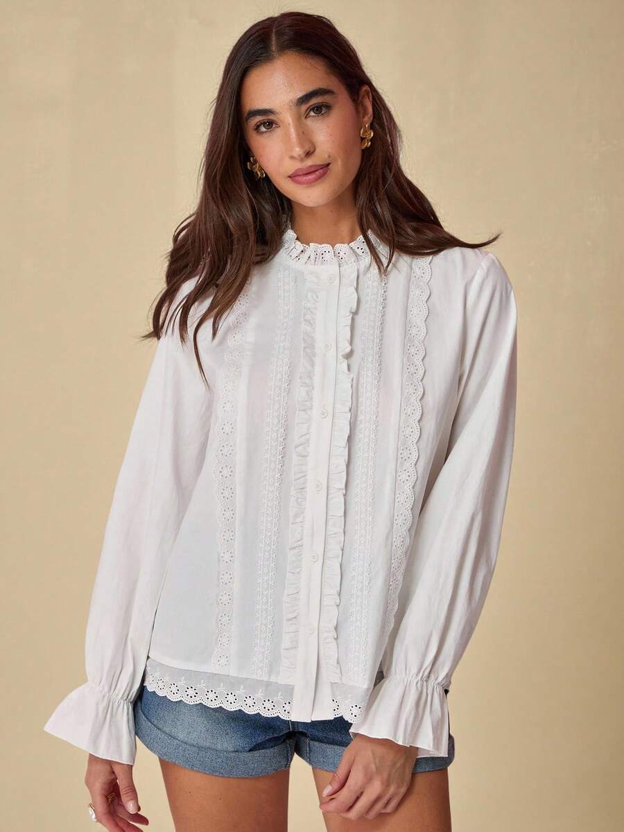 Fall/Winter Romantic Women's White Lace Stitching Front Button Collar Elegant Office Long Sleeve Shirt, Casual & Comfortable For Birthday & Holiday Party & Sweet Date & Daily Commuting & Vacation,Fall Versatile,Fall Shirt For Women,Autumn Clothes - White - View 1