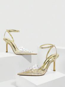 CUCCOO SZL Gold Metal TPU Rhinestone Decor Elegant Sexy Pointed Toe Strap High Heel Pumps - Gold - View 2