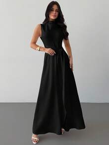 Firerie 春夏新款优雅浪漫约会/休闲通勤白色褶皱领无袖束腰系带高开衩喇叭长裙，适合度假、通勤、情人节、婚礼季、返校季、秋季女装、乡村风女装、外出上衣、机场旅行装、全白连衣裙、机场女装、全白派对女装、办公室女装 - 黑色 - 查看 7