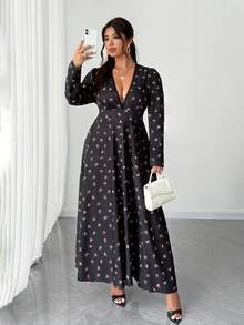 Elenzga Große Größen sexy & elegantes Ditsy Blumen Kleid mit tiefem V-Ausschnitt - Schwarz - Übersicht 3