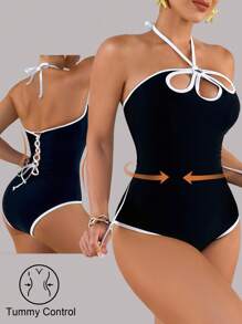 Shapewave 1pc Women's Halter Hollow Floral Petal One-Piece Swimsuit - Black and White - View 1