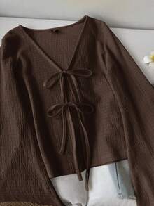 SHEIN LUNE Damen Lässig einfarbige V-Ausschnitt Trompetenärmel Twist Vorne Bluse, Frühling/Herbst