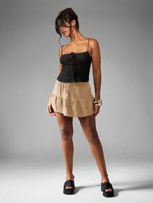 MISSGUIDED Saia Mini Plissada de Cintura Alta, Fluida, Estilo A, Verão, Casual, Leve, Praia, Resort, Elástica, Puxar para Vestir - Bege - Visão 4