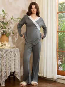 Côtesoire 女士深灰色不对称蕾丝V领荷叶边蝴蝶结装饰超柔软薄针织牛奶丝面料长袖上衣和裤子睡衣套装，休闲舒适家居服套装，秋冬服装 - 深灰色 - 查看 3