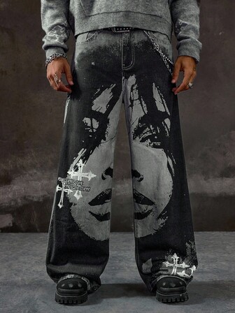 Goth Jeans de estilo callejero holgado con estampado de personajes para hombres