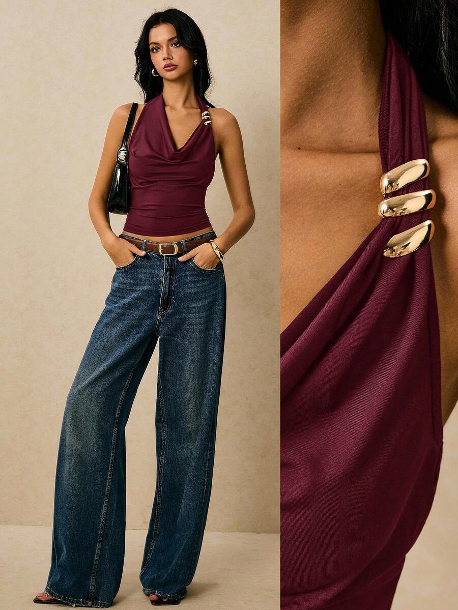 Poéselle Atasan Camisole Tanpa Punggung Model Halter Warna Polos Seksi untuk Wanita, Atasan Merah Musim Panas - Burgundy - View 1