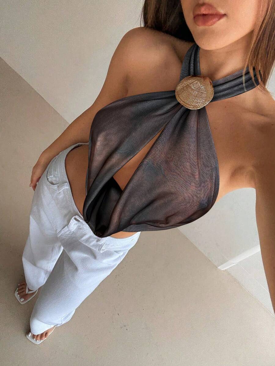 Aloruh Áo hở lưng hở vai cổ khoét sâu in họa tiết tie-dye thanh lịch, gợi cảm dành cho nữ