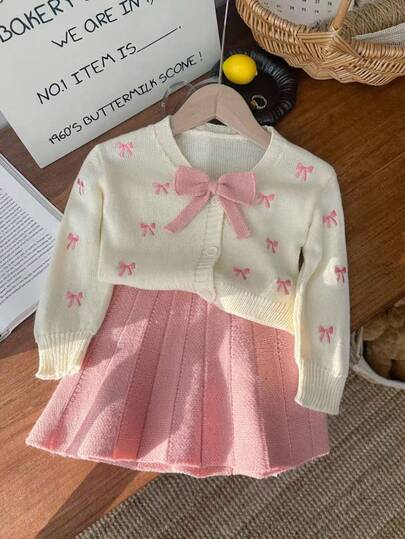 LMoss Kids 2件套女婴纯色蝴蝶结针织毛衣和裙子套装