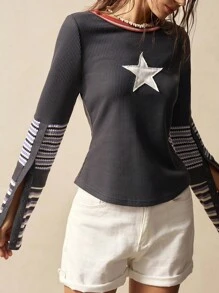 Bohemela 秋冬波西米亚风休闲针织拼布长袖圆领修身女式T恤 - 黑色 - 查看 6