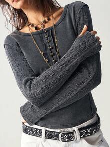 Bohemela Áo thun tay dài dệt kim trơn màu đơn giản có khóa kéo nửa dành cho nữ, phong cách Boho, mùa thu/đông - màu đen - Xem 1