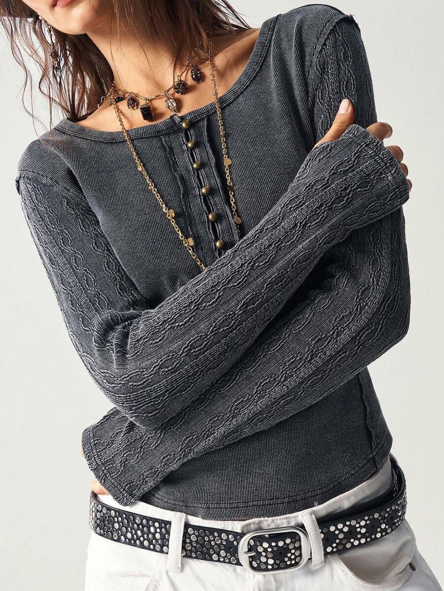 Bohemela Áo thun tay dài dệt kim trơn màu đơn giản có khóa kéo nửa dành cho nữ, phong cách Boho, mùa thu/đông - màu đen - Xem 1