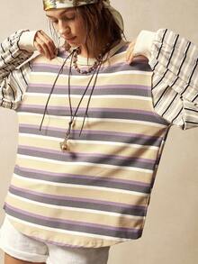 Bohemela Casual Striped Patchwork Design Loose Fit Crew Neck Long Sleeve Sweatshirt For Women In Fall/Winter