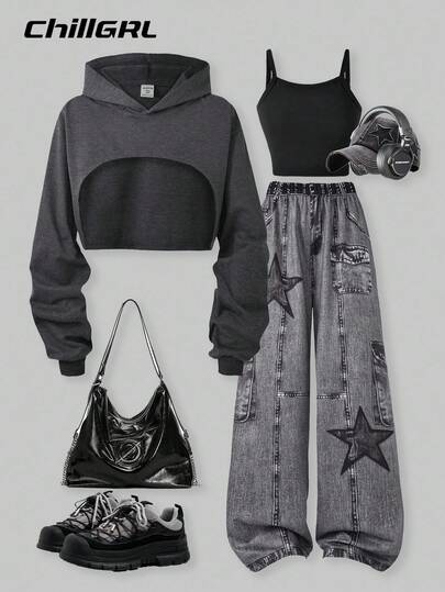 SHEIN Conjunto de 3 piezas para adolescentes: Sudadera corta de moda, pantalones anchos de punto estampados y camiseta sin mangas, estilo callejero de moda para primavera y otoño