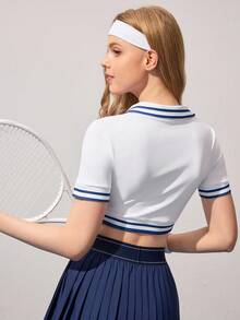 CourtClass Damska, modna, w paski, patchworkowa, krótka, sportowa koszulka polo z krótkim rękawem, letnia - Biały - Zobacz 2