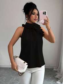 Balvessa 褶饰无袖上衣，知性优雅 - 黑色 - 查看 3