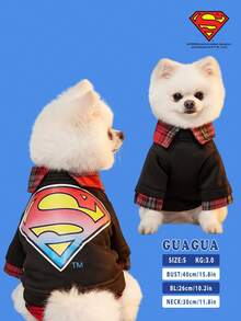 SUPERMAN X PETSIN 1pc Ombre Retro Style Logo Print Black Knit Patchwork Plaid 2 In 1 Stylish Vintage Sweatshirt, Suitable For Cats And Dogs