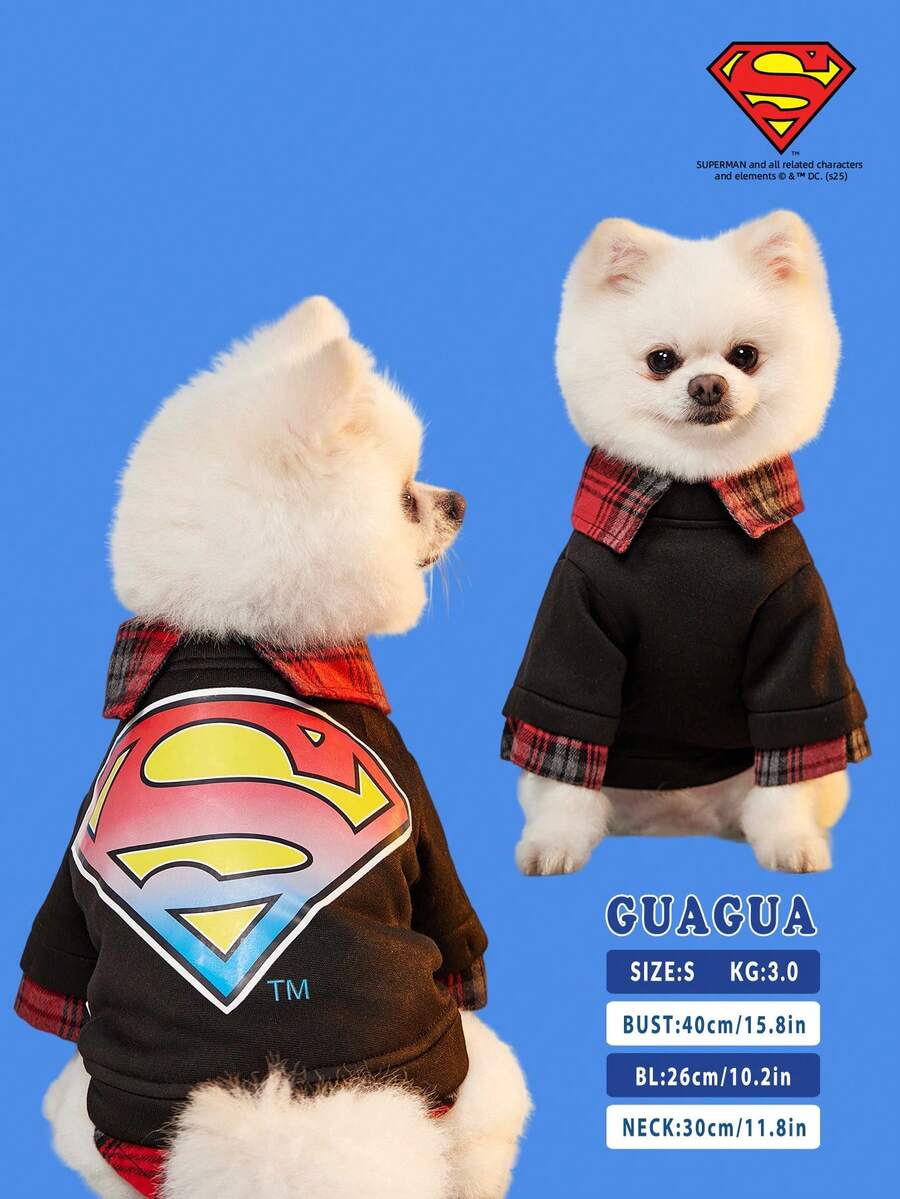 SUPERMAN X PETSIN 1pc Ombre Retro Style Logo Print Black Knit Patchwork Plaid 2 In 1 Stylish Vintage Sweatshirt, Suitable For Cats And Dogs