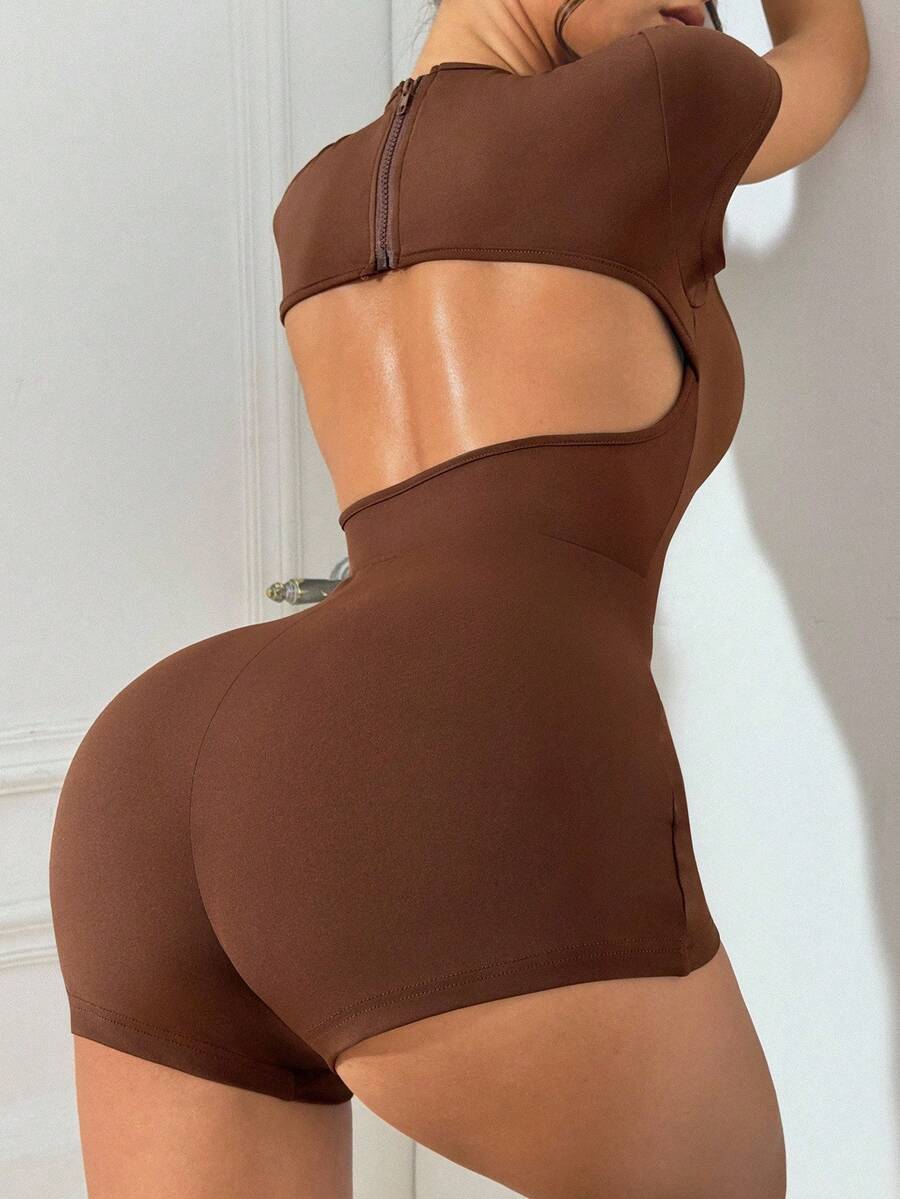 SHEIN Sports 女士露背镂空设计瑜伽连体裤 - 棕色 - 查看 1