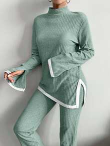 EURMUSE Cotton Contrast Binding Split Hem Tee & Pants - Mint Green - View 5