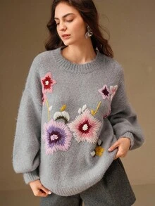Anewsta Women's Embroidered Floral Knit Pullover Sweater,Gray,Autumn,Elegant,Brunch,Chic Fall Winter Formal Party New Year Christmas Work Wedding - Grey - View 6