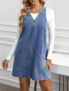 SHEIN LUNE Women's V-Neck Sleeveless Pocket Simple Casual Short Denim Dress - Blue - View 3