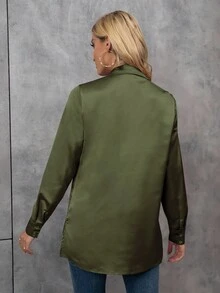 SHEIN 女式休闲纯色前扣长袖衬衫，秋季 - 軍綠色 - 查看 2