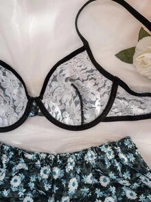 SHEIN 2件套印花蕾丝钢圈薄款内裤内衣套装 - 彩色 - 查看 6