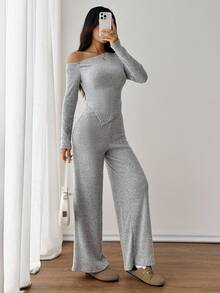 SHEIN PETITE 2 件套女士冬季休闲不对称肩部羊羔绒上衣 + 高腰阔腿裤套装 - 灰色 - 查看 3