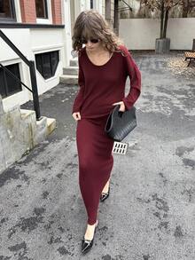 ATUI Studio 2 pièces Ensemble de pull tricoté décontracté à col rond, manches longues et épaules tombantes, couleur unie pour femmes