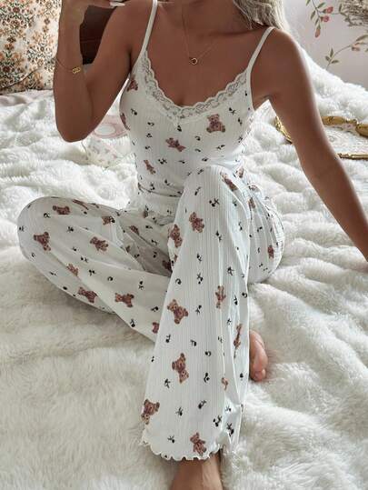 CottageSlumber Romantic Bloemen Kanten Patchwork Neck Camisole Long Pants Pajama Set Cami Women Schattige Sleep Wear Piece Teddy Bears view 6