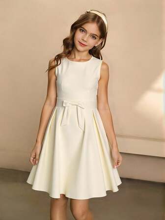 Elegant minimalistisk rund halsringning ärmlös kort klänning med hög midja och rosettdekor, mjuk stil för jul, examen, Halloween, linneklänning