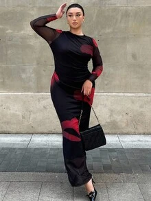 Firerie 加大码优雅花卉印花褶饰长袖网眼连衣裙，适合约会、音乐会、表演、派对、婚礼、性感、优雅、通勤、返校、度假、海滩、办公室女士、美人鱼风格、生日派对 - 彩色 - 查看 6