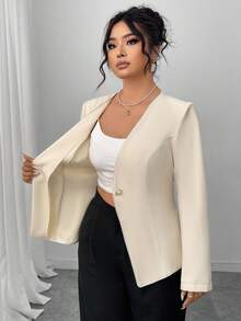 Elenzga Plus Size Single-Breasted Cinched Waist Casual Jacket, Suitable For Daily Commute, Autumn Winter Fall - Apricot - View 8