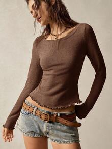 Bohemela Vacation Casual Solid Color Knit Long Sleeve Round Neck Women T-Shirt,Brown Top Brown Clothes Coffee Brown Top Brown Top Women Brown Long Sleeve Top - Brown - View 8