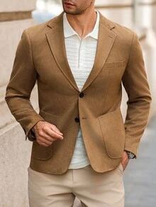 Manfinity Bizformal Men's Khaki Front Button Pocket Casual Business Jacket Men Casual Blazer Brown Blazer Men Brown Jacket Suede Blazer Tan Blazer Men Suede Blazer