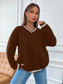 Flirla Women's Autumn Dropped Shoulder Long Sleeve Basic V-Neck Sweatshirt, Collegiate Style - Brown - View 5