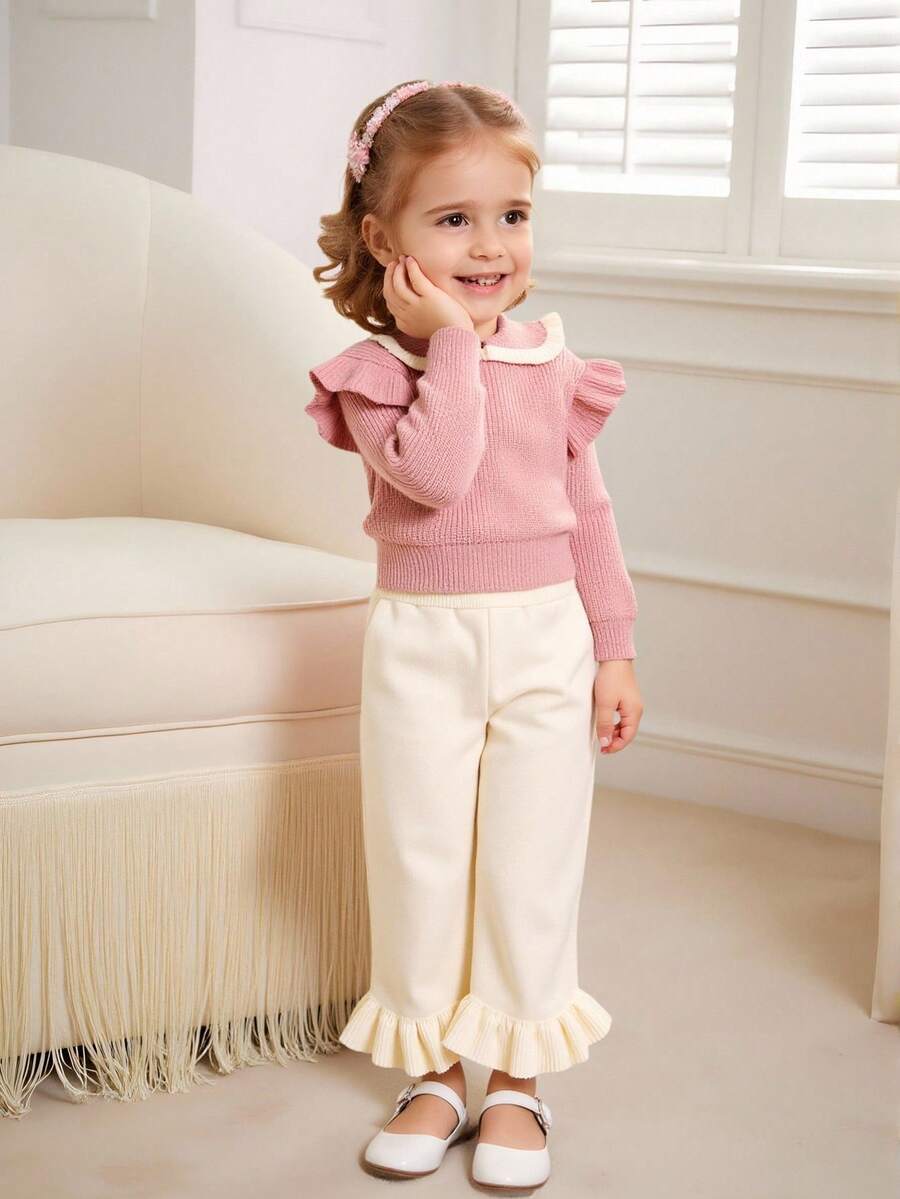 SHEIN 2pcs/Set Young Girls' Casual Fashion Pink Ruffle Trim Drop Shoulder Knit Sweater + White Knit Flare Pants Outfit, Soft & Comfortable, Suitable For Daily, Outing, Travel, Vacation, Home, Daycare, Kids Play Fall Winter - Coral Pink - View 1