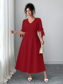 Elenzga Plus Size Women's Solid Color Button Design V-Neck Bowknot Short Sleeve Elegant Dress - Red - View 4