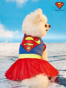 SUPERMAN X PETSIN 1pc Printed Tulle Dress, Suitable For Cats & Dogs, Pet Apparel