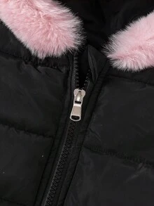 SHEIN Playful Pals 女婴新款带帽仿毛领冬季加厚外套，含手套，拉链前襟，休闲百搭，秋冬季