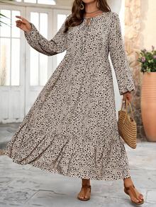 EMERY ROSE 大码休闲日常碎花结领荷叶边下摆连衣裙 - 彩色 - 查看 3