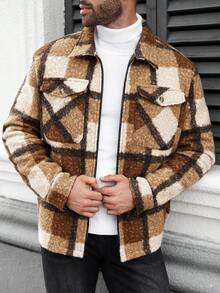 Manfinity CasualCool Plus Size Men's Casual Plaid Zip-Up Jacket, Autumn Flannels For Men Men Shacket Plaid Jacket Men