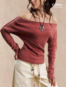 Easelle Women's Vintage Wash Water Bohemian Persimmon Red Off Shoulder Long Sleeve Knitted Women T-Shirt Fall Winter Women Clothes Off The Shoulder Tops