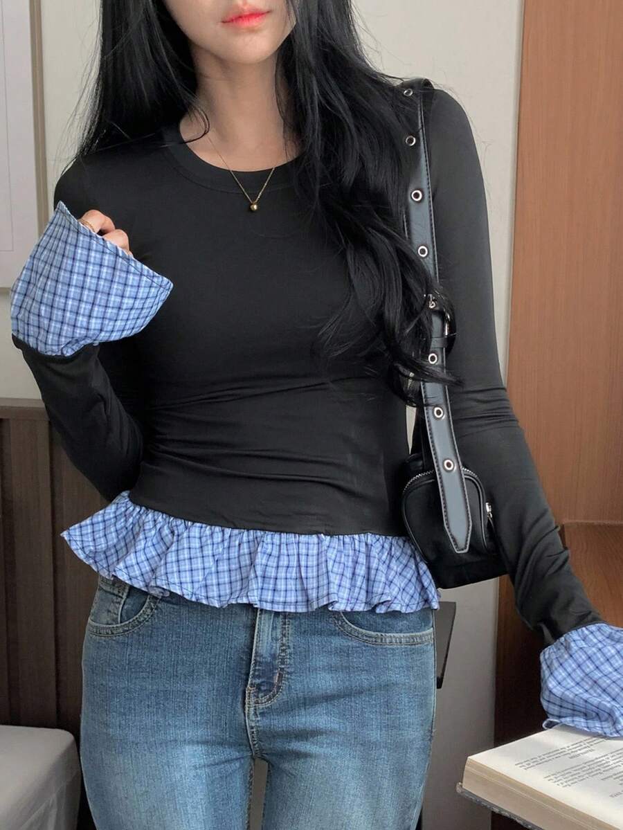 DAZY 女式圆领撞色格子拼接长袖修身休闲T恤秋季上衣 - 黑色 - 查看 1