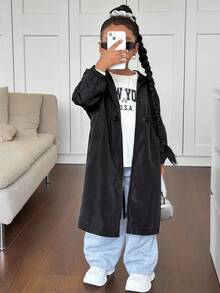 SHEIN Young Girl Solid Color Hooded Cinched Waist Long Casual Jacket,In Fall/Winter - Black - View 3