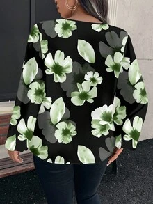 Reflora 加大码花卉印花长袖休闲衬衫，适合春秋季节 - 黑色 - 查看 2
