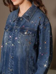 Anewsta Fashionable Rhinestone Embellished Denim Jacket For Women, Blue - Blue - View 3