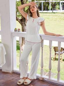 SHEIN 2件套撞色提花针织盖袖上衣和宽松裤子睡衣套装 - 白色 - 查看 5