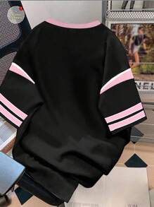 SHEIN Leap Crew 少女休闲简约运动甜美酷炫风格运动衫，28号印花，超大针织T恤，舒适轻松的夏季休闲装，酷炫服饰系列，返校季，儿童图案T恤，韩版风格 - 彩色 - 查看 2