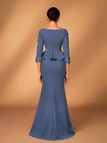 Serin Elegant Luxurious Dusty Blue Spring Formal Wedding Embroidered Lace Stretch Knit Mermaid Skirt Sleeve,Suitable For Galas,Mother Of The Bride Dresses - Blue - View 3